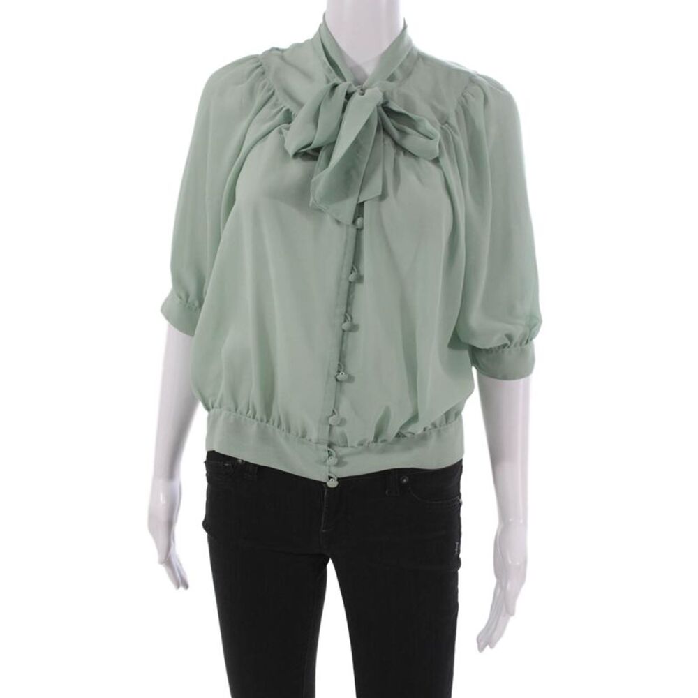 Ray Beams Womens Basic Silk Collared Blouse 3/4 Sleeve Button Green Size M